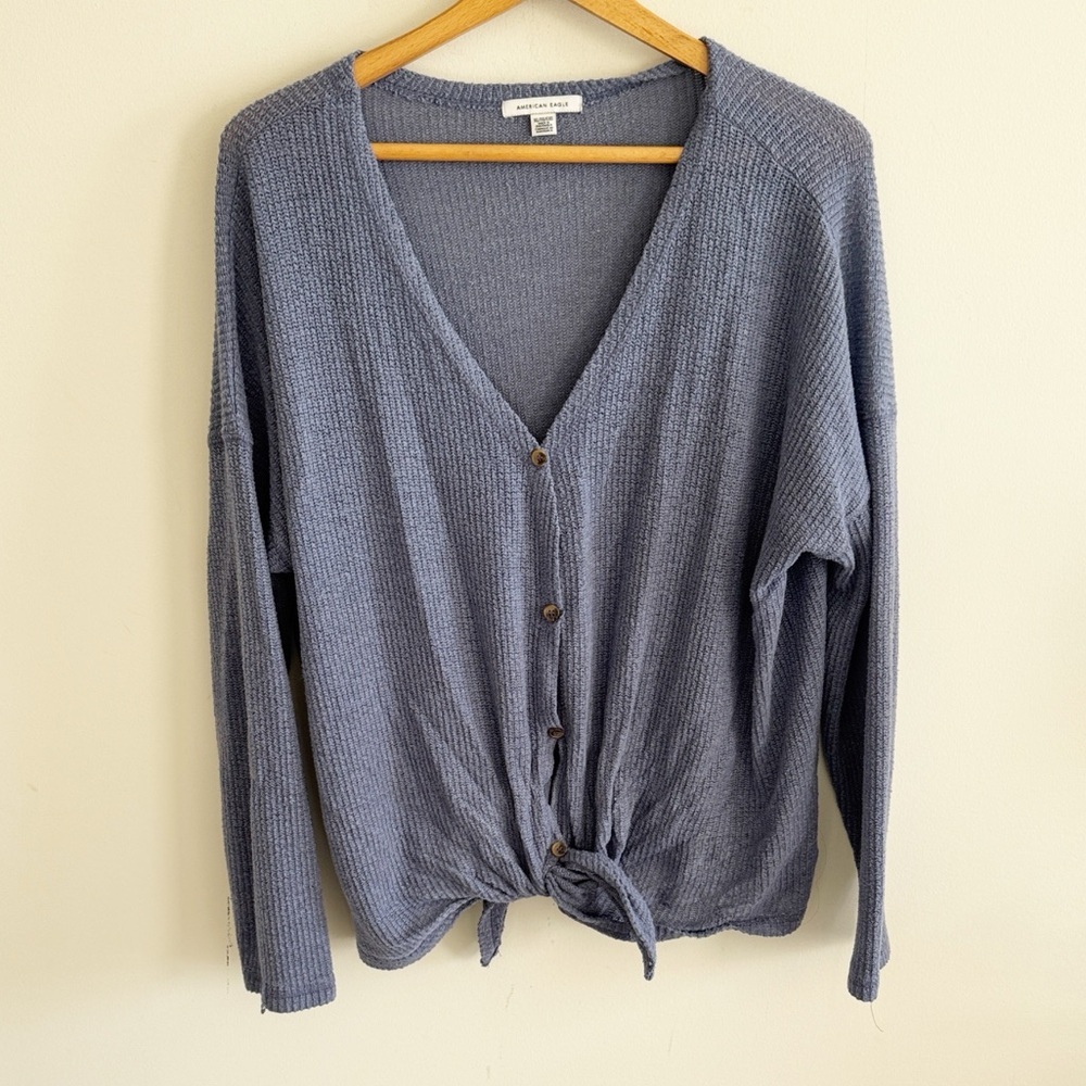 American eagle blue waffle knit button down cardigan tie front top size XL